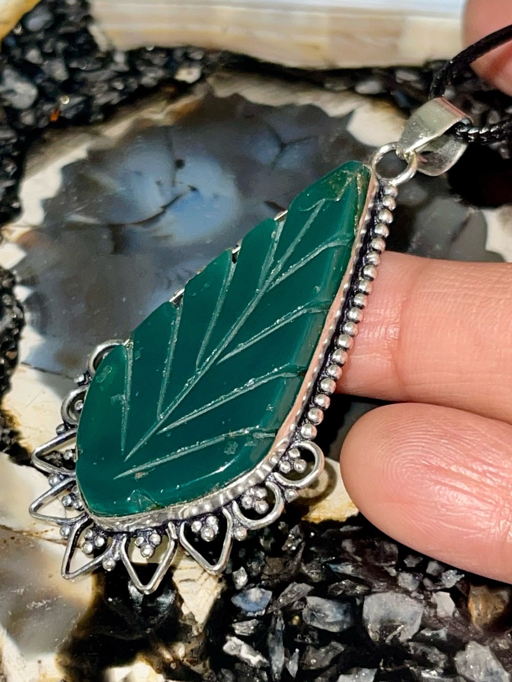 Carved Green Lead Cryptocrystalline Chalcedony Pendant 2 1/2”